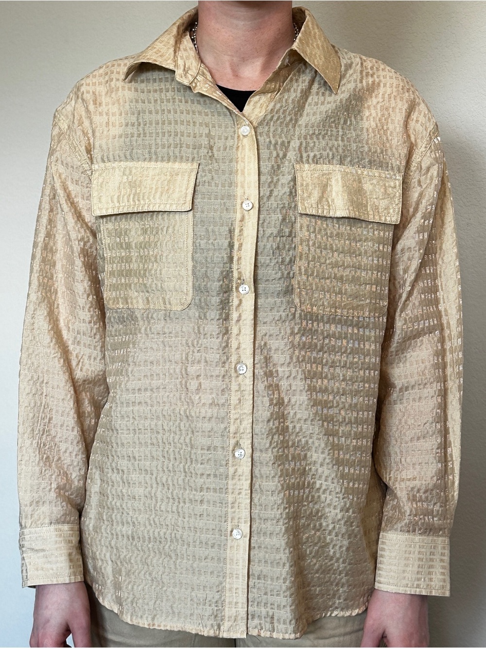 Beige sheer long sleeve button down